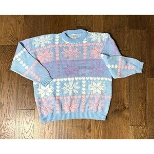 Vintage‎ 80's F.D.S. Pale Blue Snowflake Pullover Sweater Made in USA Size L/XL